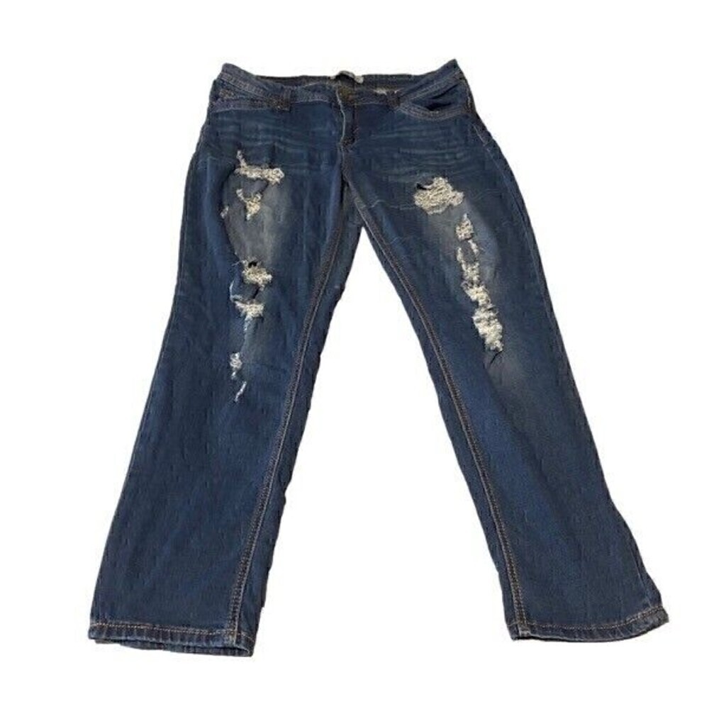 Twentyone Black Rue21 Distressed Destructed Jeans Mid Rise Skinny Flex 13/14